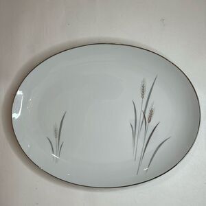 Platinum Wheat Fine China Japan 14 Inch Oval Serving Platter Silver Trim Vintage